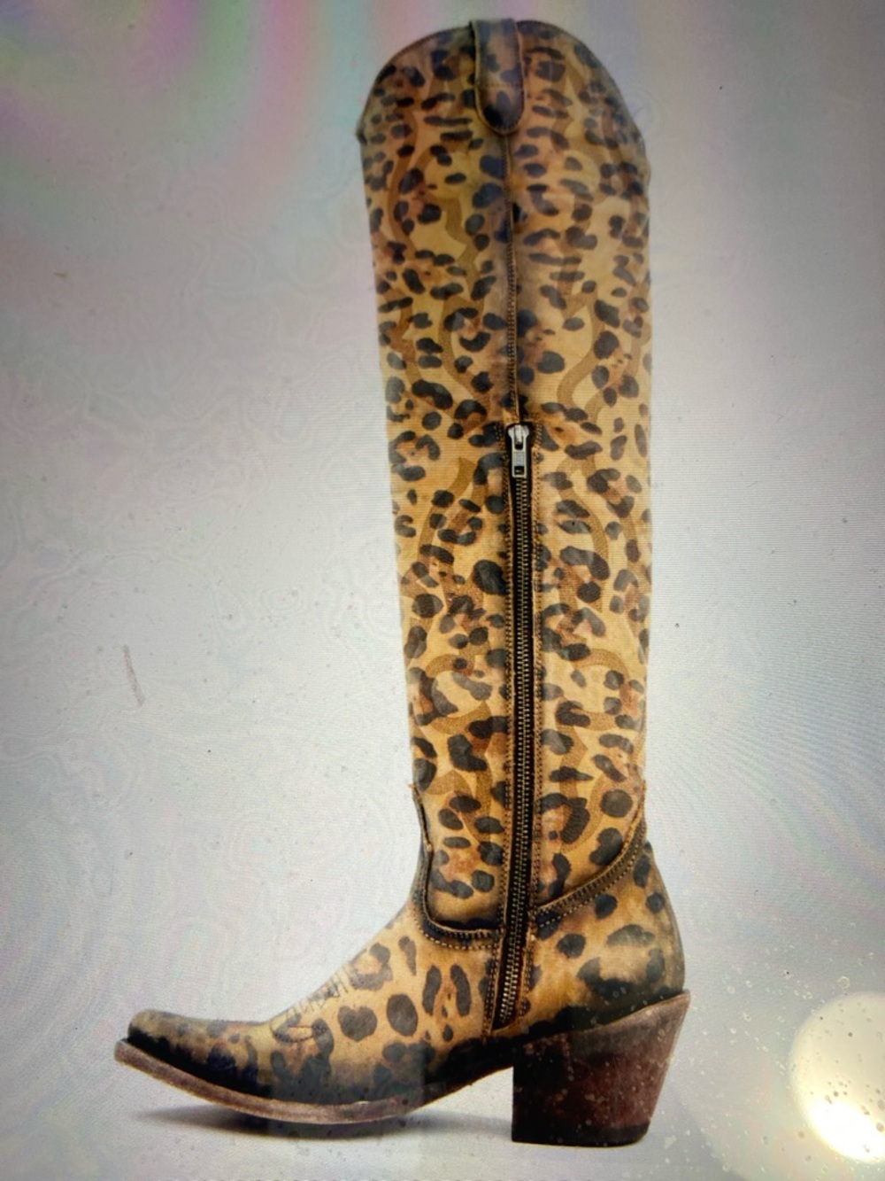 Leopard Print Knee High Almond Toe Embroidery OTK Western Boots NIB Size 8.5 - Picture 3 of 16